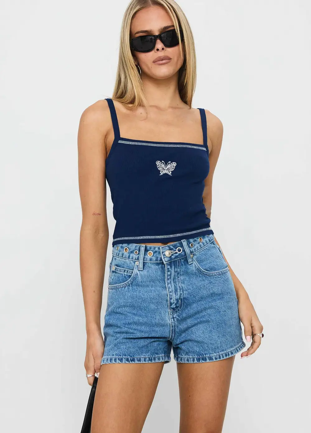 Tropicana Denim Eyelet Detail Shorts Mid Blue