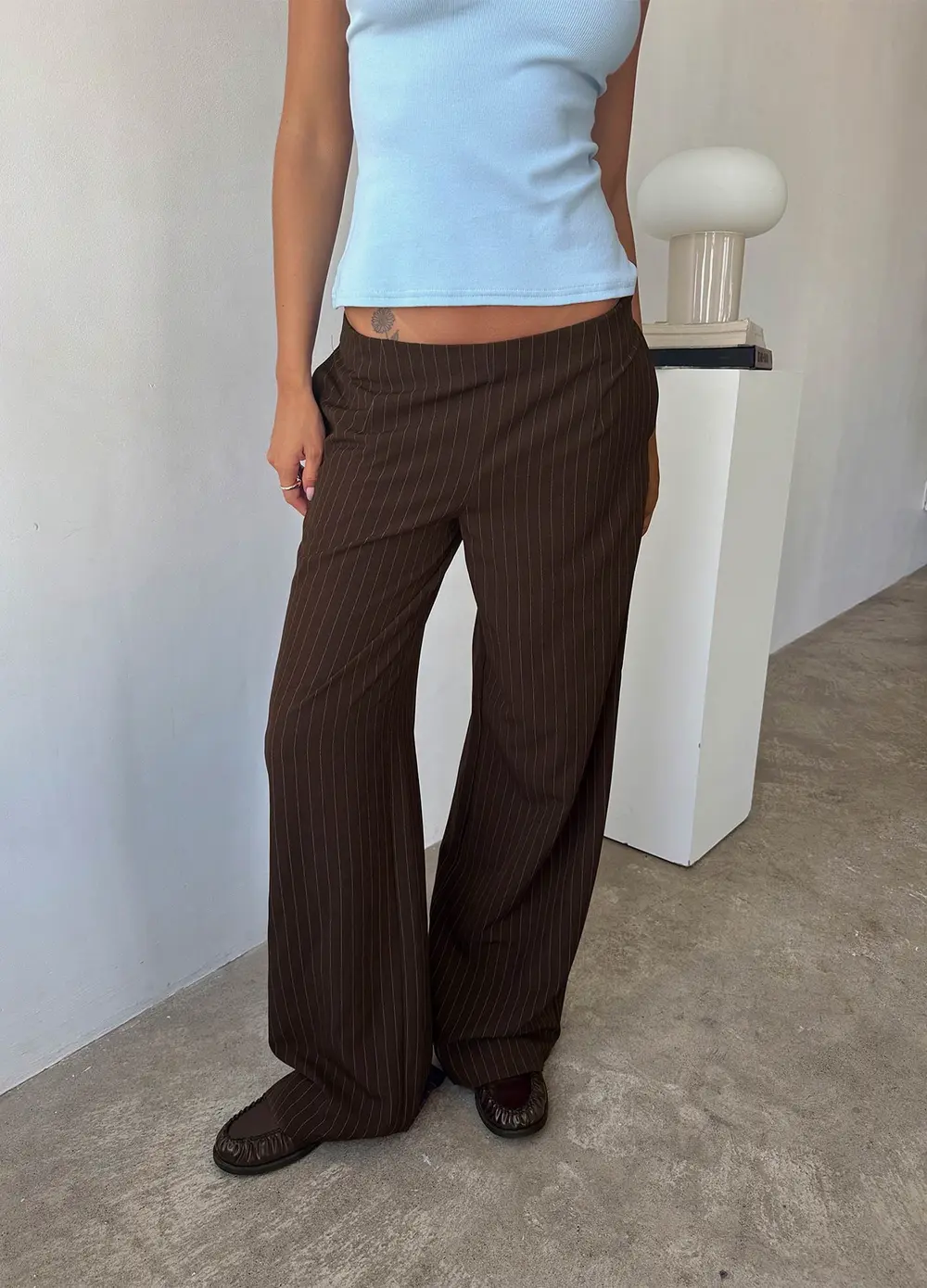 Khane Low Rise Wide Leg Pant Brown Pinstripe