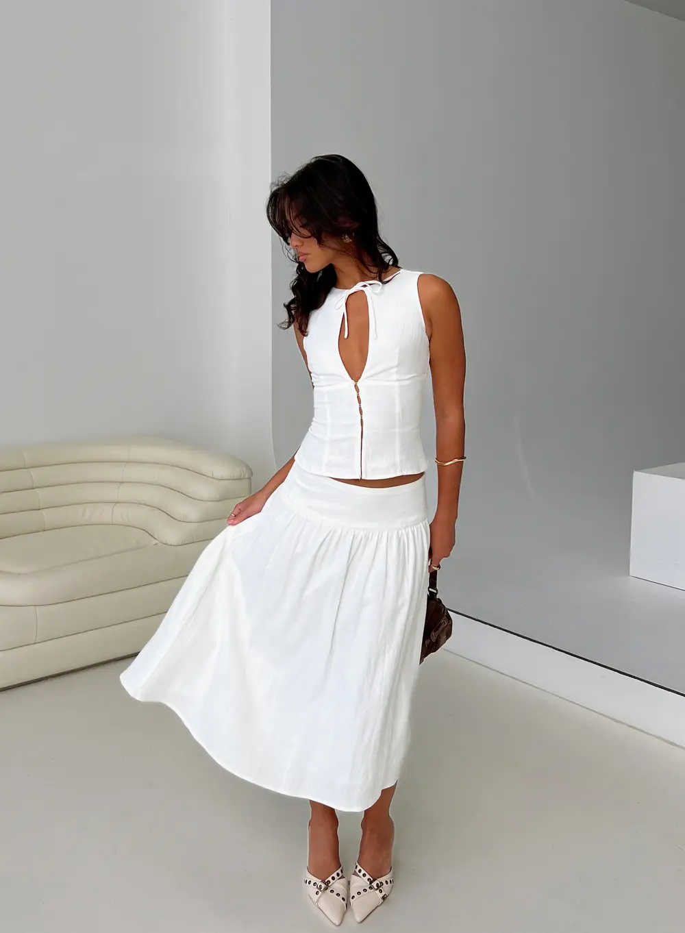 Heart Of Gold Linen Blend Midi Skirt White