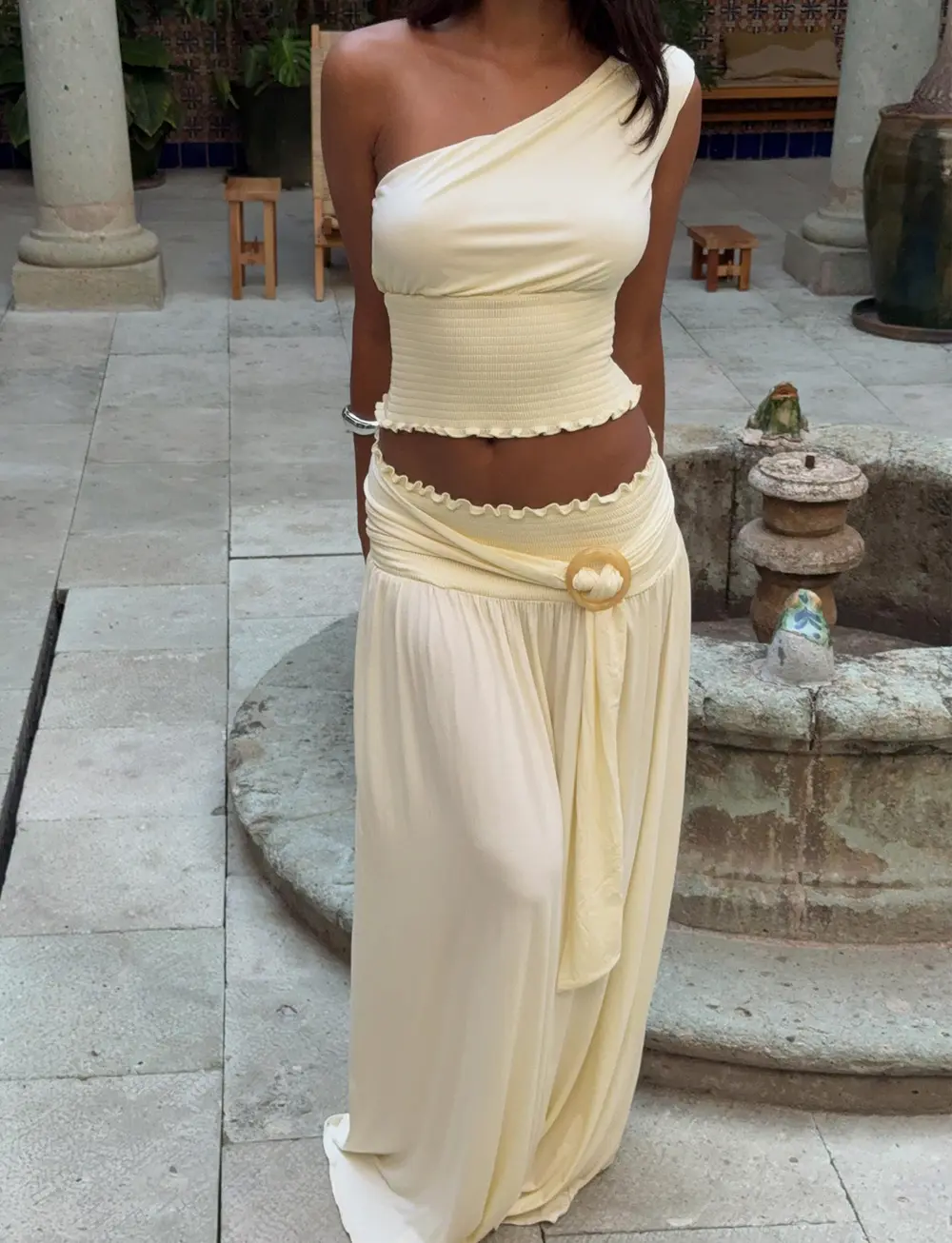 Full Orbit Shirred Maxi Skirt Cream