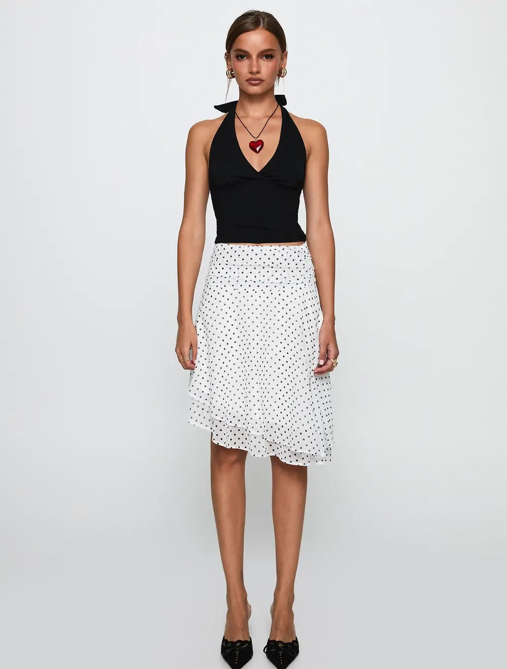 Evanescence Asymmetrical Midi Skirt White / Polka Dot