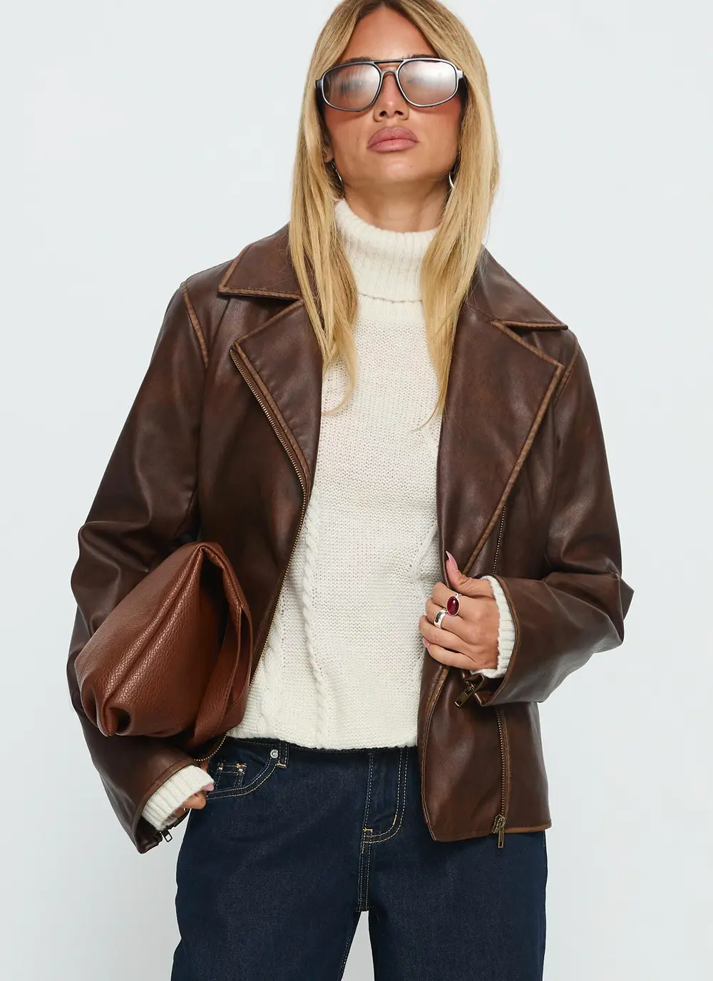 Vyolette Faux Leather Collared Jacket Washed Brown