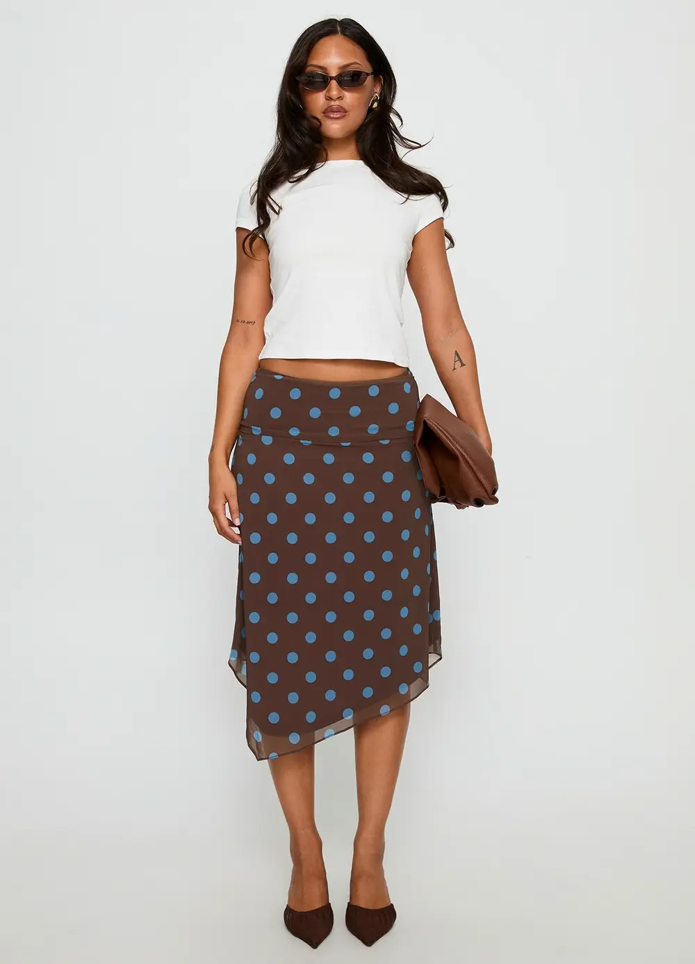 Daphene Asymmetrical Midi Skirt Brown / Blue Polka Dot