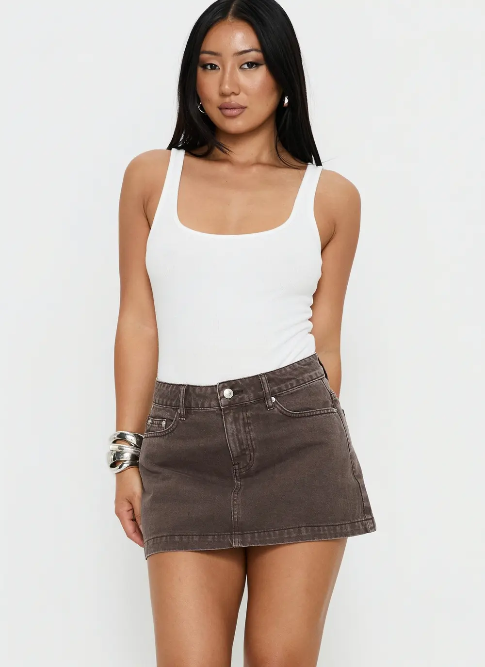 Nicolina Low Rise Denim Mini Skirt Washed Brown