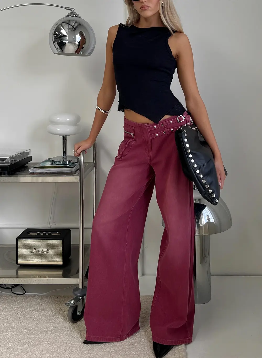 Paltrow Mid Rise Wide Leg Cargo Jeans Washed Burgundy