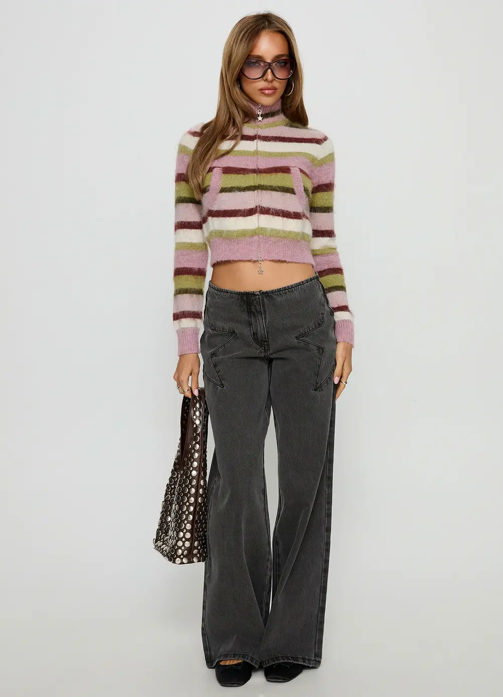 Dolley Star Stitch Mid Rise Wide Leg Jean Grey Wash