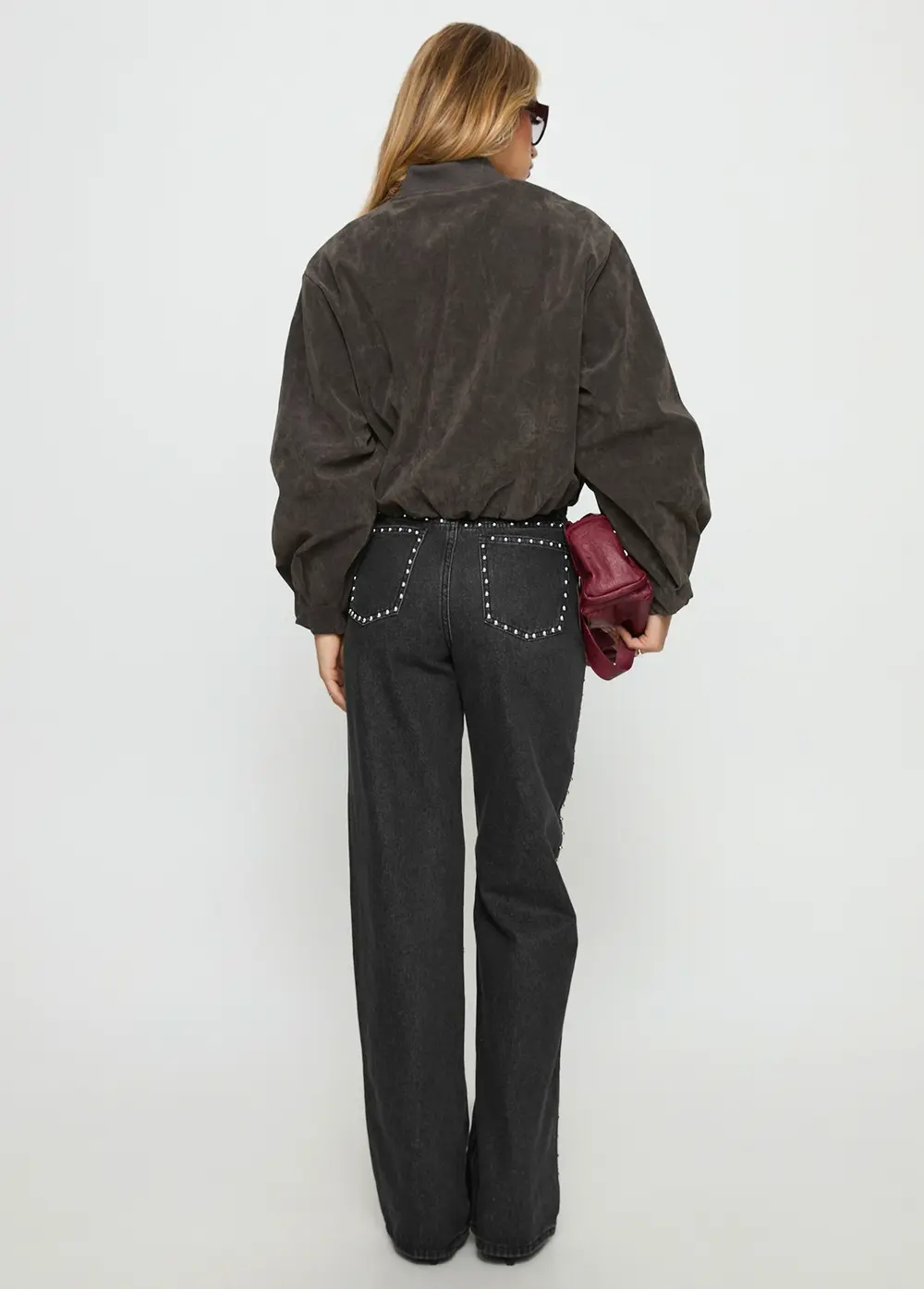 Saving Up Mid Rise Straight Leg Studded Jeans Jet Black