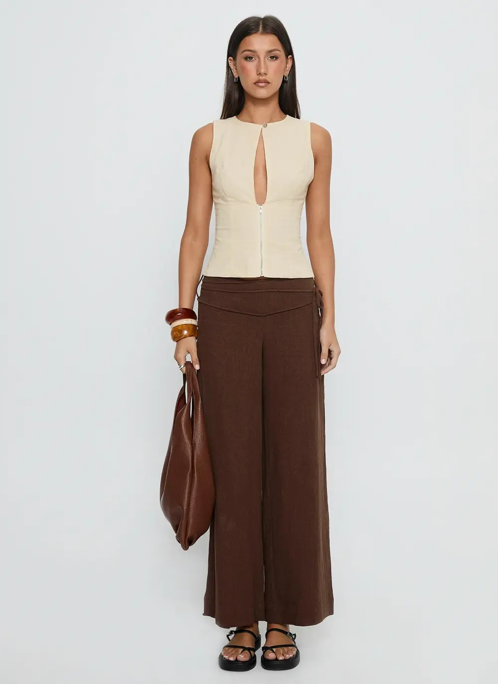 Silver Moon Linen Blend Tie Pants Brown