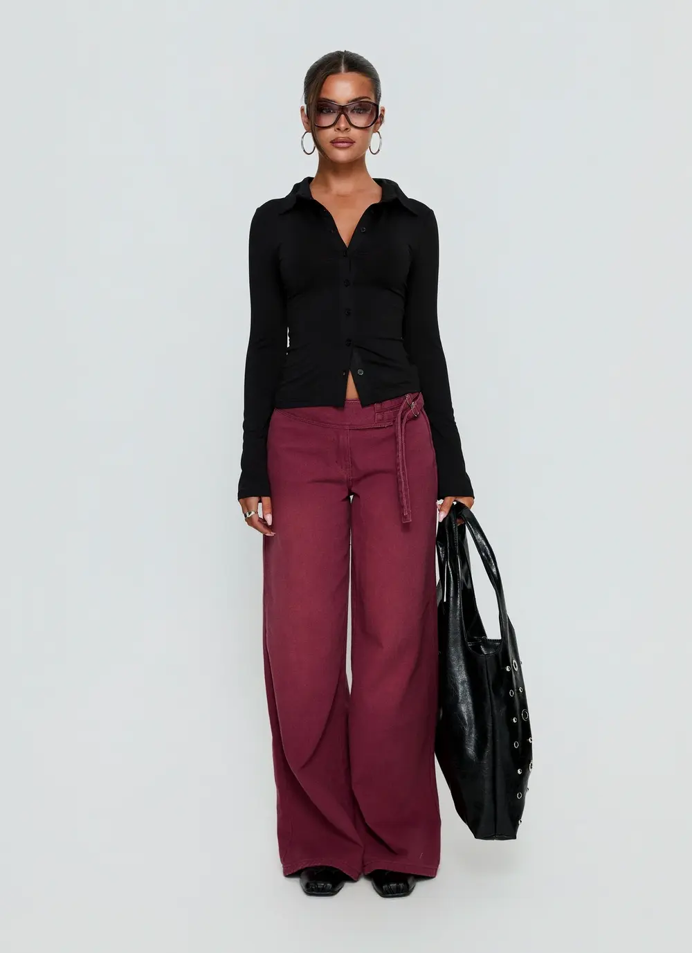 Boxie Mid Rise Wide Leg Jeans Washed Burgundy