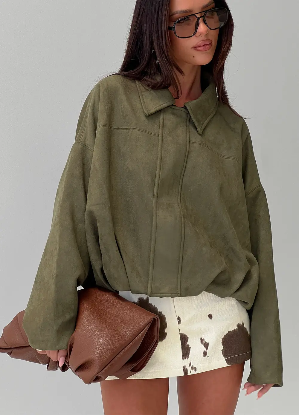 Enlightened Faux Suede Bomber Jacket Khaki