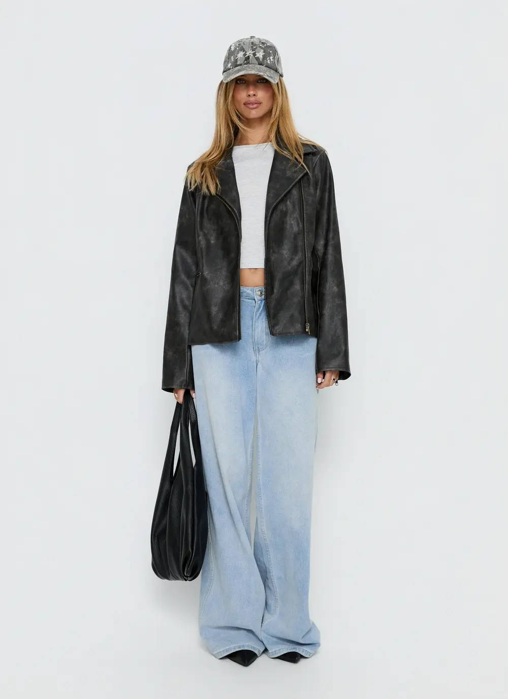 Vyolette Faux Leather Collared Jacket Washed Black