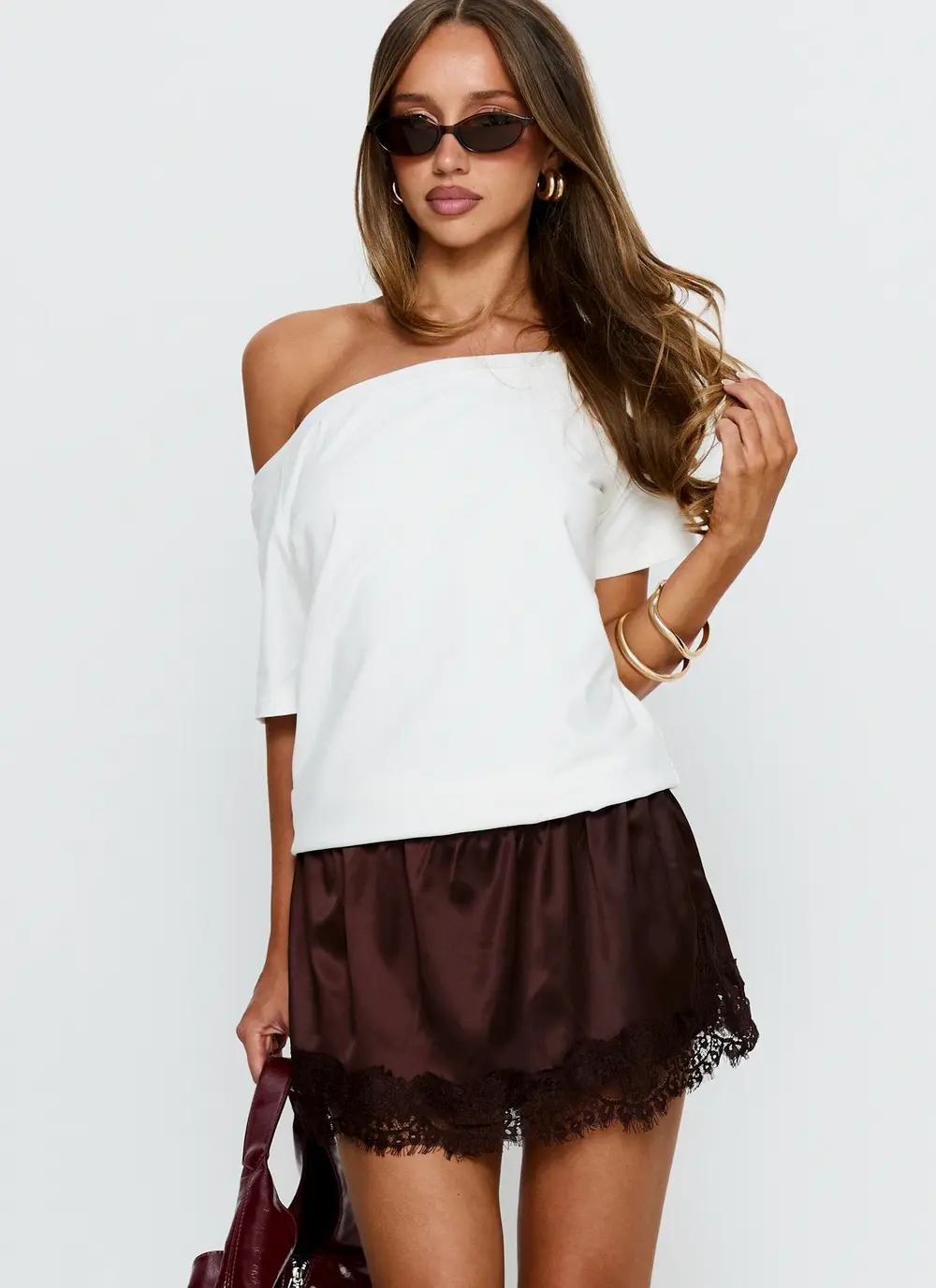 Orlynn Satin Lace Trim Mini Skirt Brown