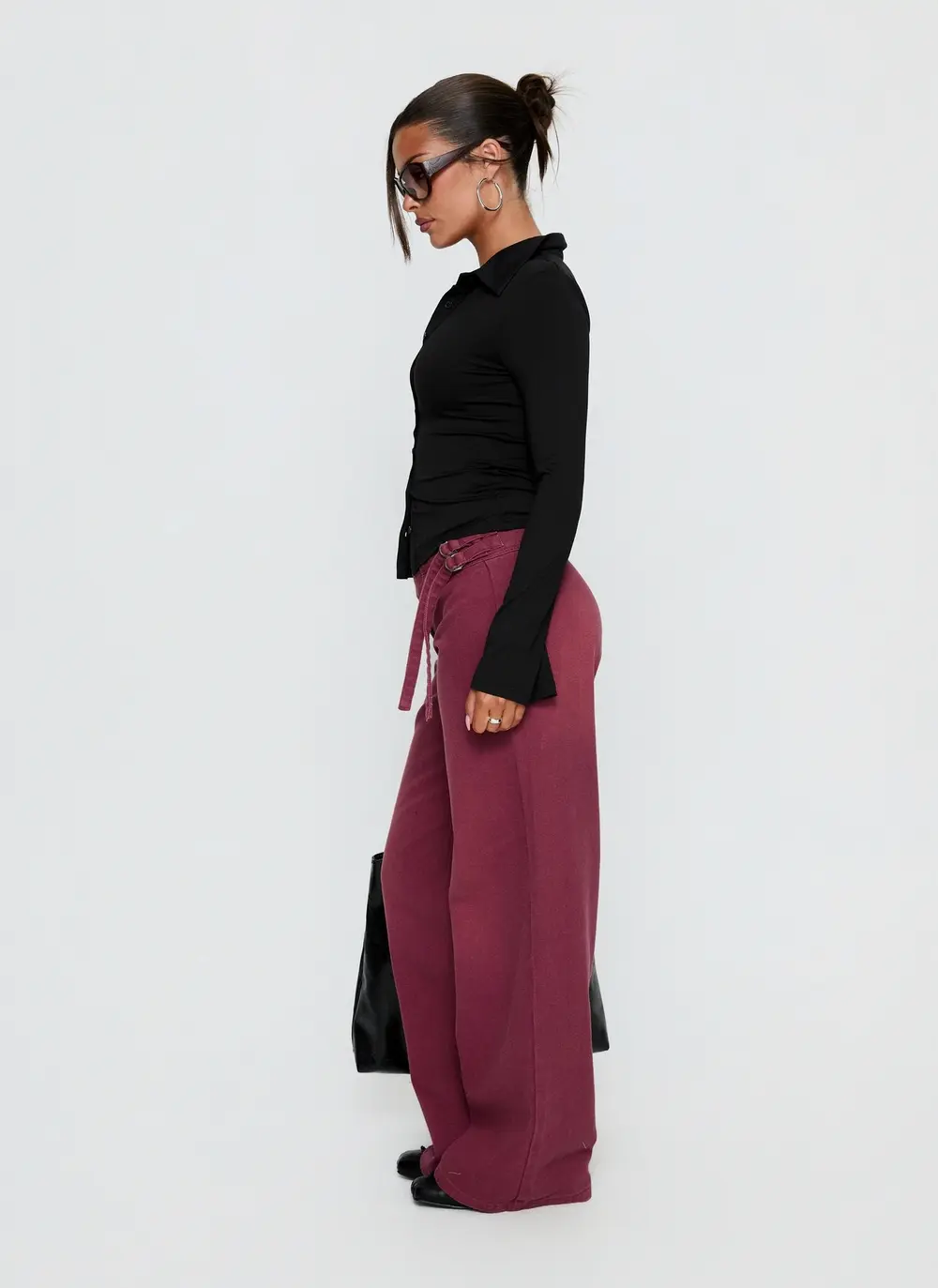 Boxie Mid Rise Wide Leg Jeans Washed Burgundy