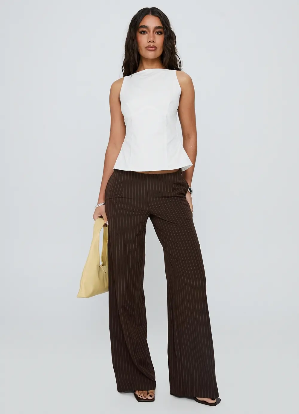 Khane Low Rise Wide Leg Pant Brown Pinstripe