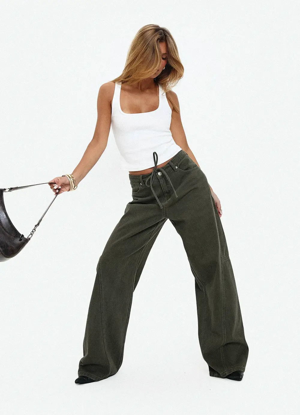 Bruiser Tie Waist Mid Rise Wide Leg Jeans Green
