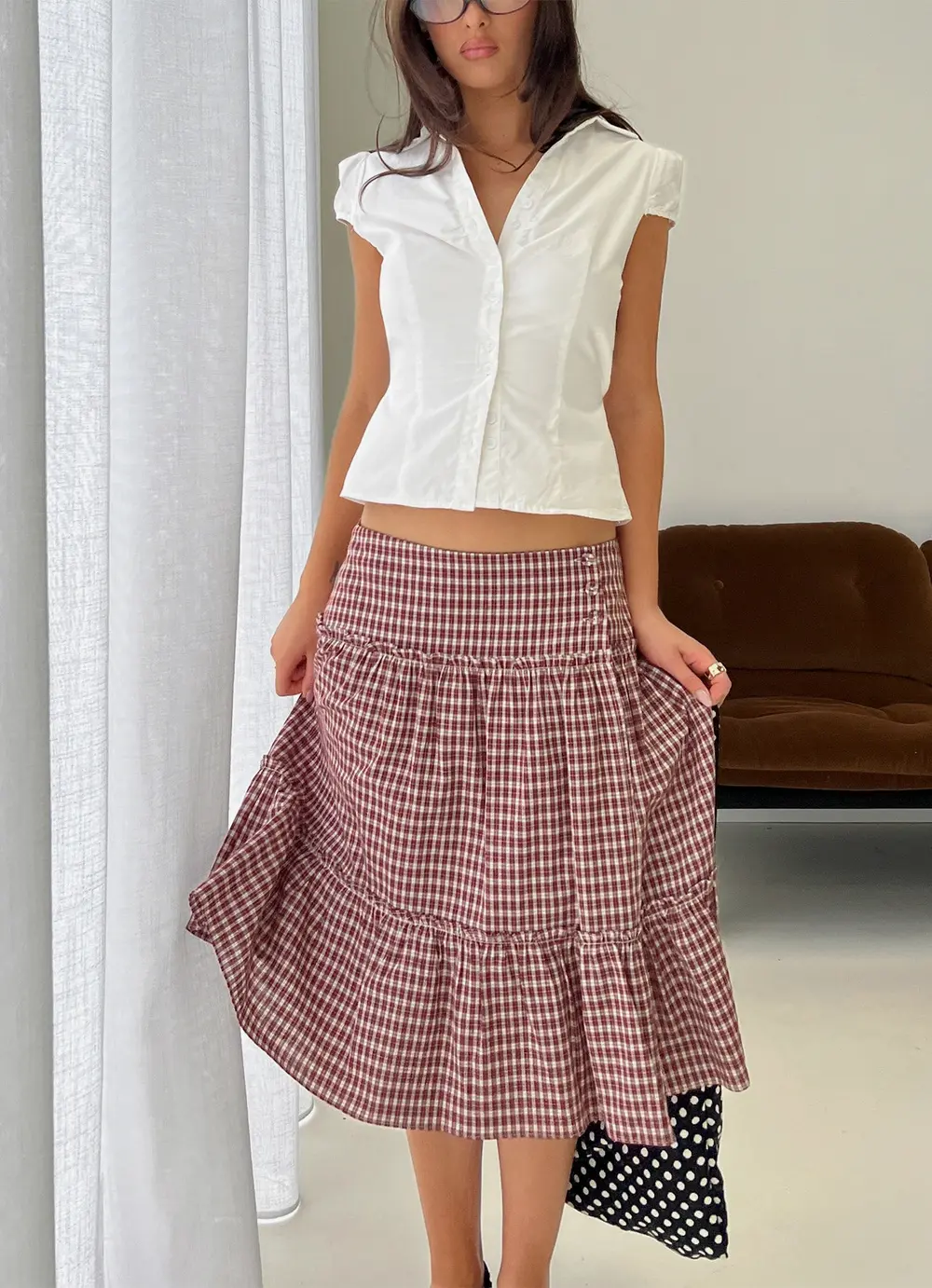 Cascades Low Rise Midi Skirt Red Check