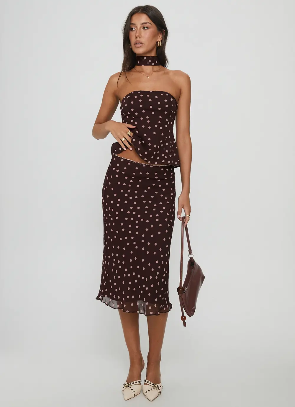Sydni Midi Bias Cut Skirt Chocolate / Pink Polka