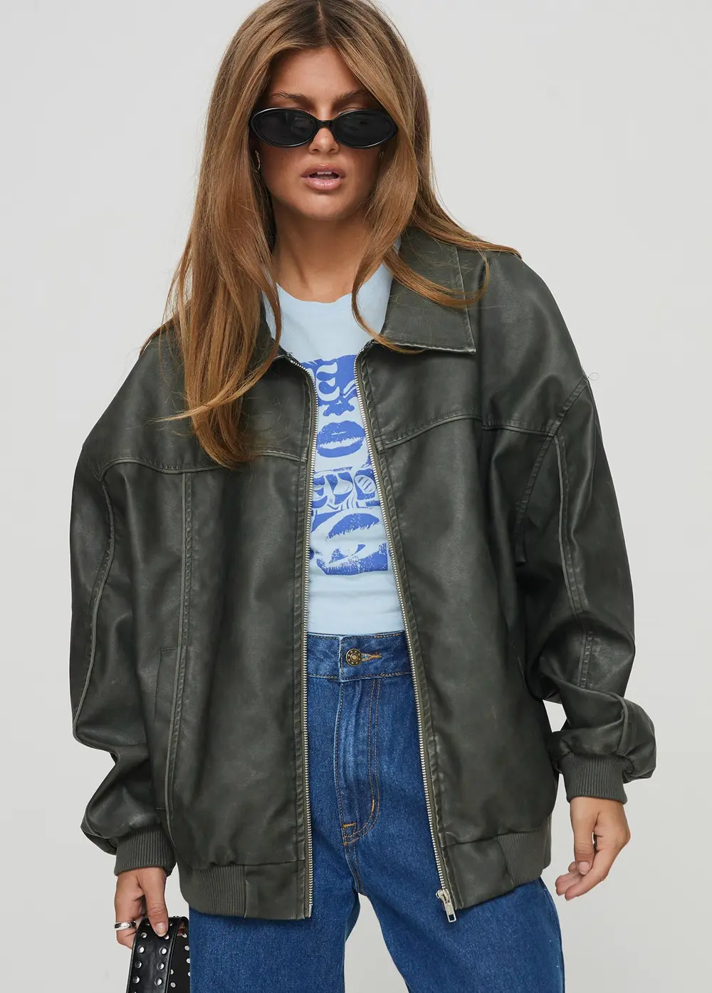 Goldsmith Faux Leather Bomber Jacket Washed Forest