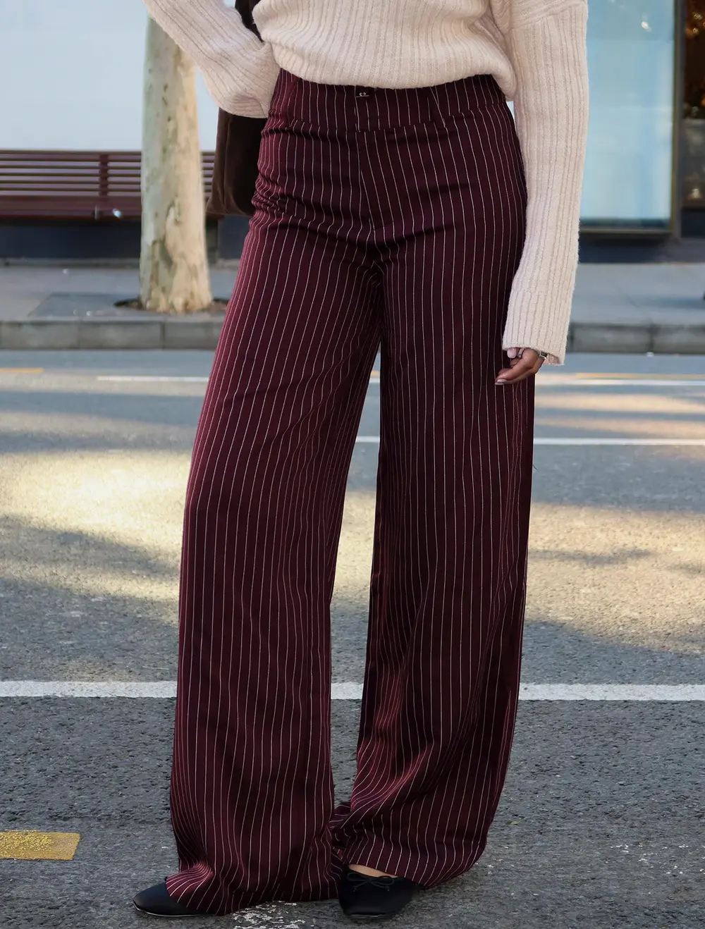 Lorenne Mid Rise Pant Burgundy Pinstripe