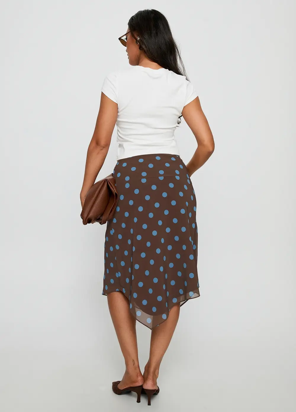 Daphene Asymmetrical Midi Skirt Brown / Blue Polka Dot