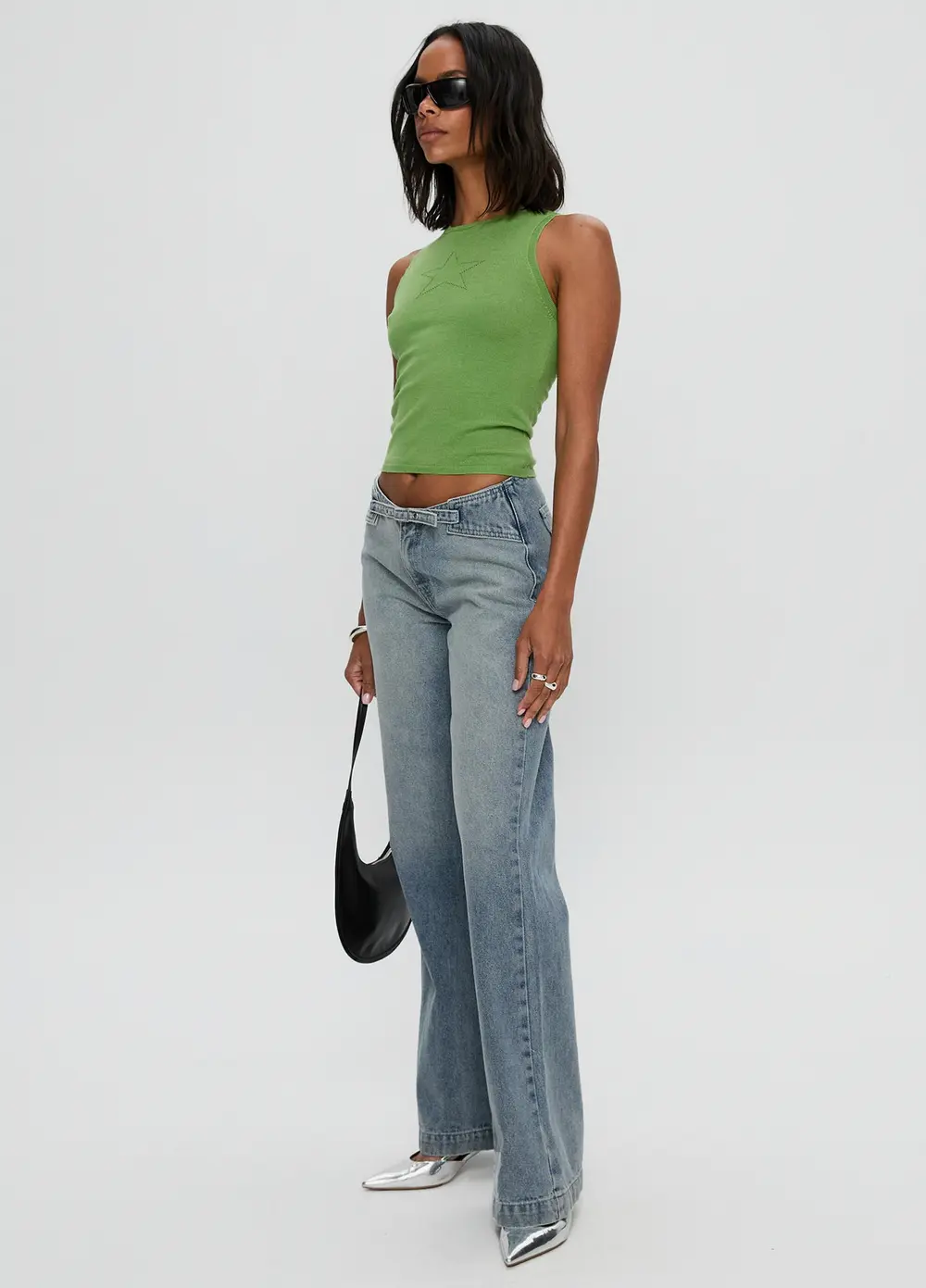 Slow Ride Mid Rise Bootleg Belted Jeans Light Blue