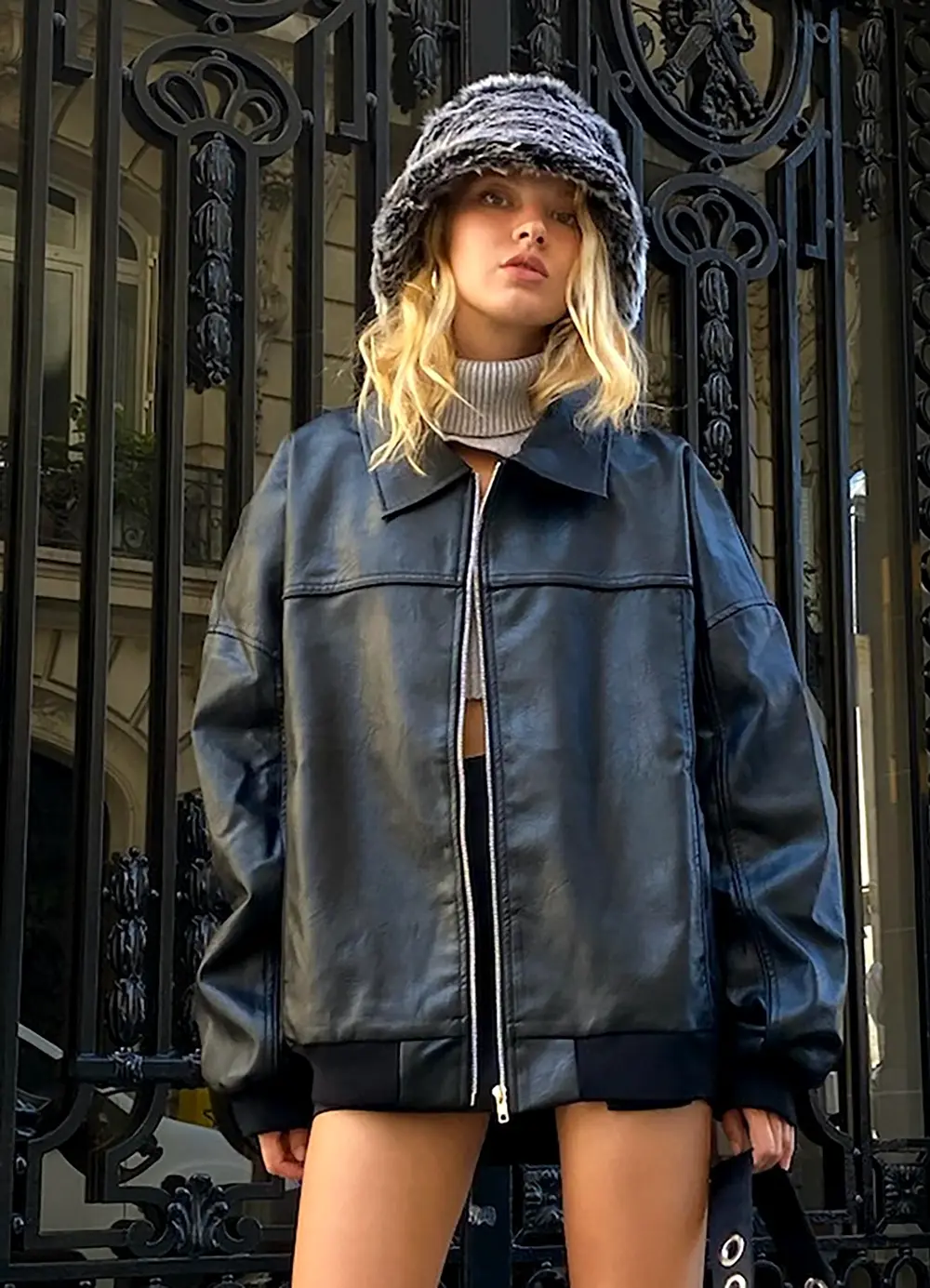 Goldsmith Faux Leather Bomber Jacket Black