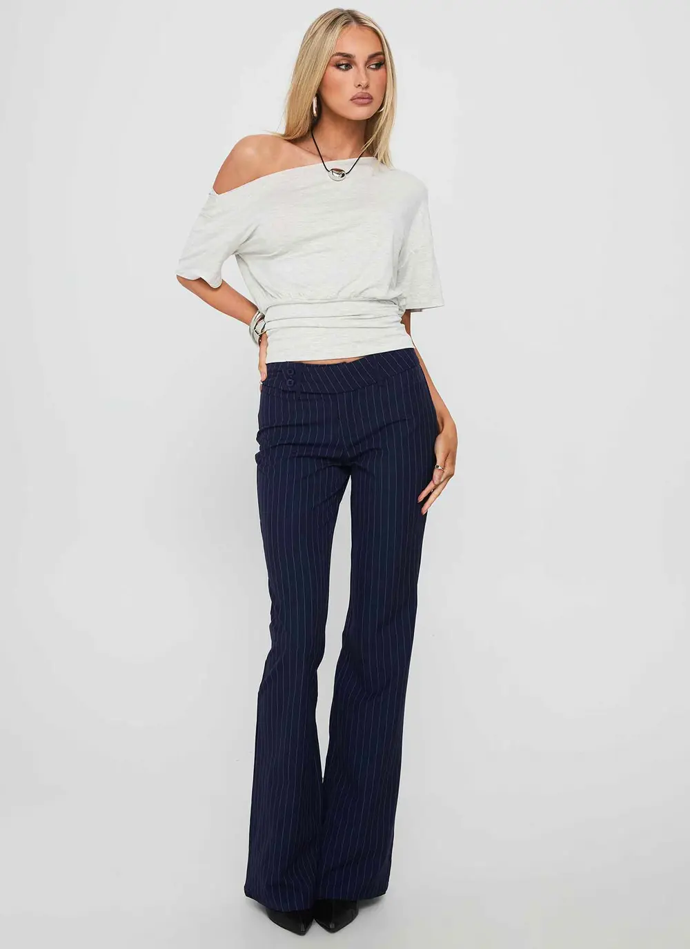 Kinkirk Flared Pants Navy Pinstripe