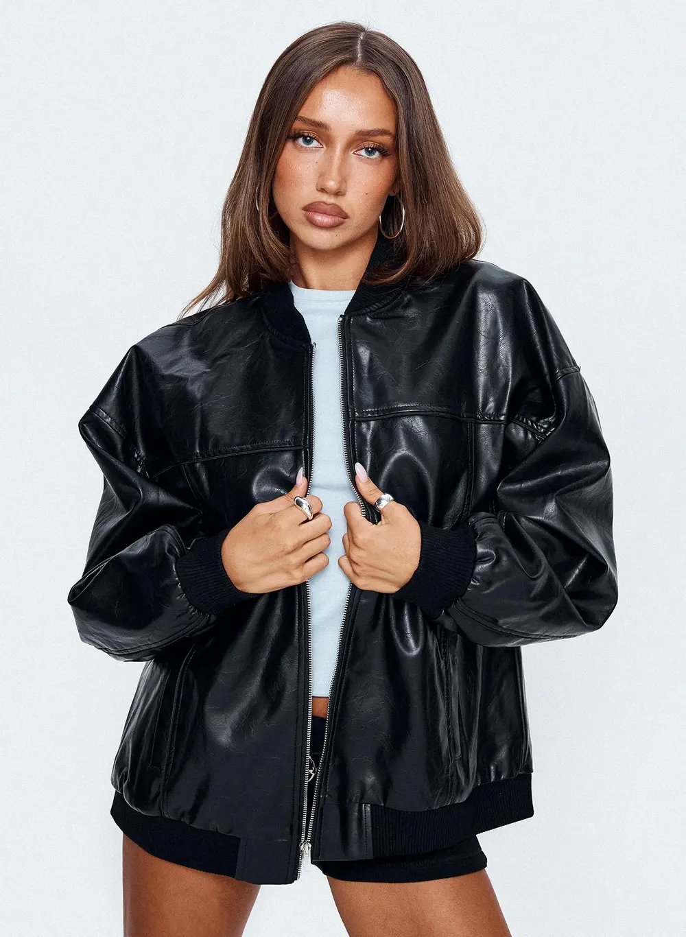 Believe It Faux Leather Bomber Jacket Black