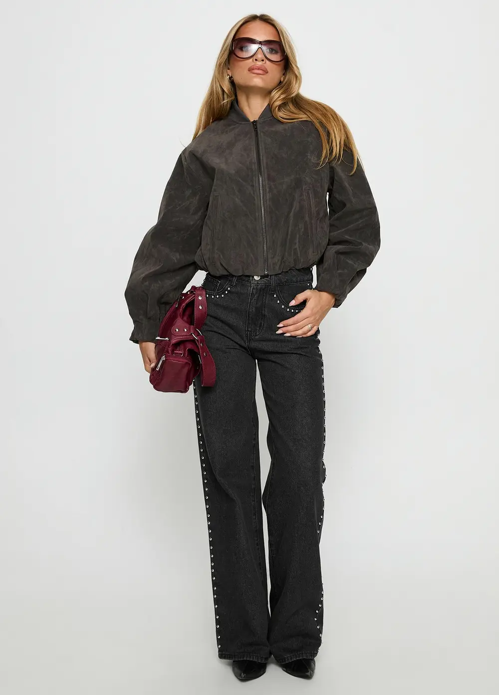 Saving Up Mid Rise Straight Leg Studded Jeans Jet Black