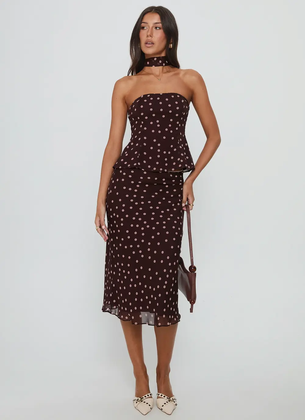 Sydni Midi Bias Cut Skirt Chocolate / Pink Polka