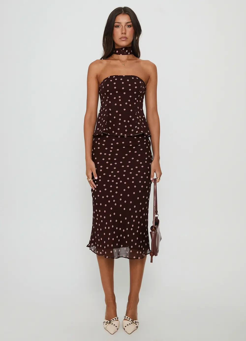 Sydni Midi Bias Cut Skirt Chocolate / Pink Polka