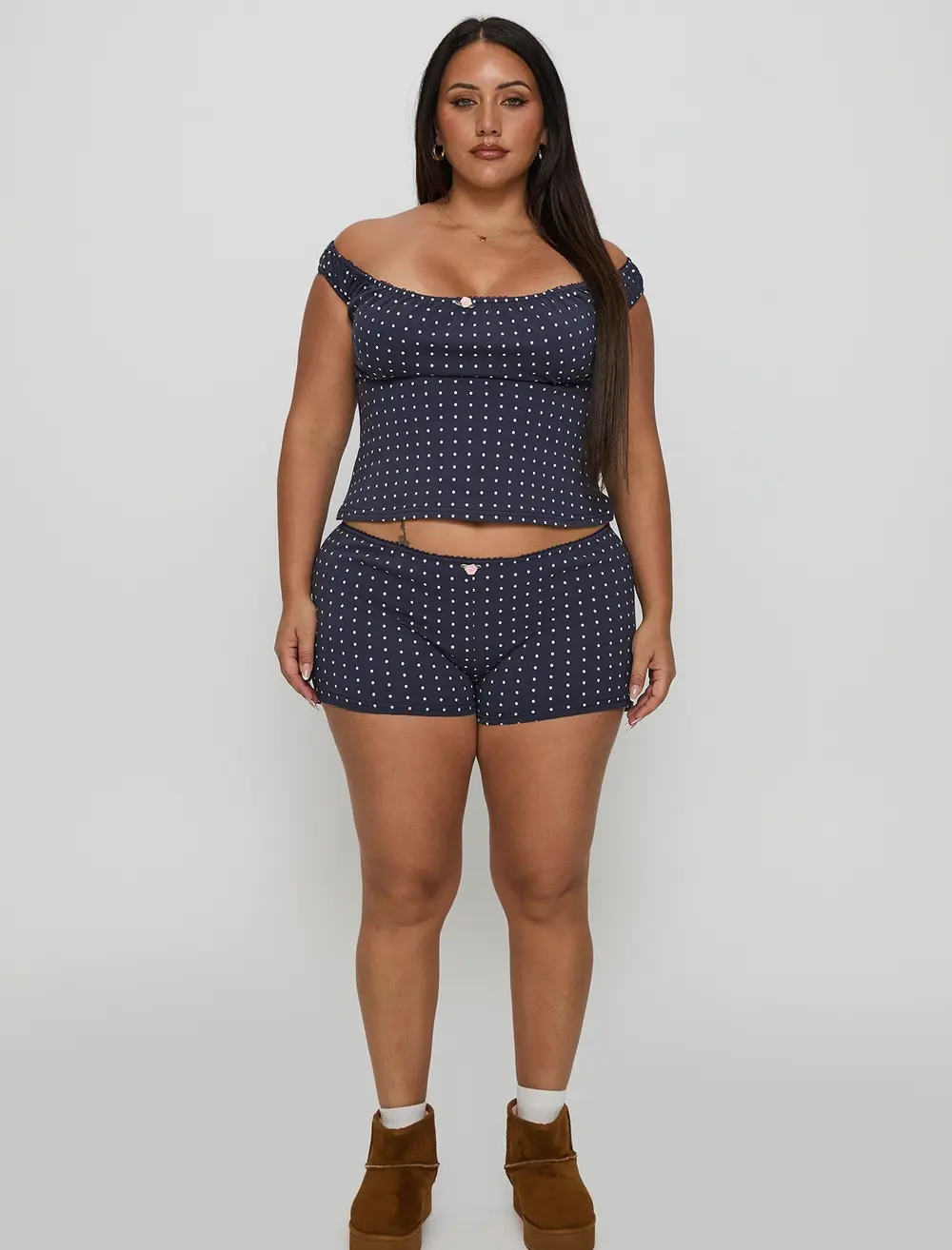 Drift Away Off The Shoulder Sleep Set Navy Dot Curve