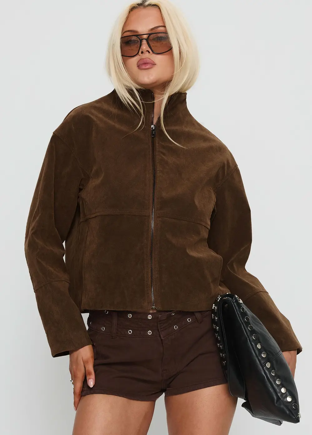 Jessalynn Faux Suede Zip Through Jacket Brown