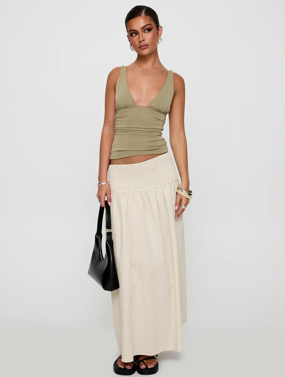 Small Towns Shirred Midi Skirt Beige
