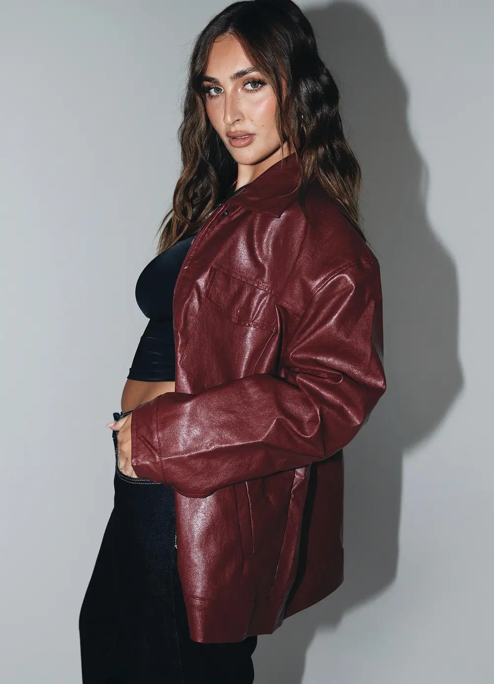 Callie Faux Leather Jacket Burgundy