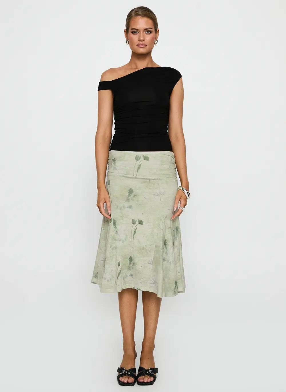 Lewish Low Rise Midi Skirt Green Floral