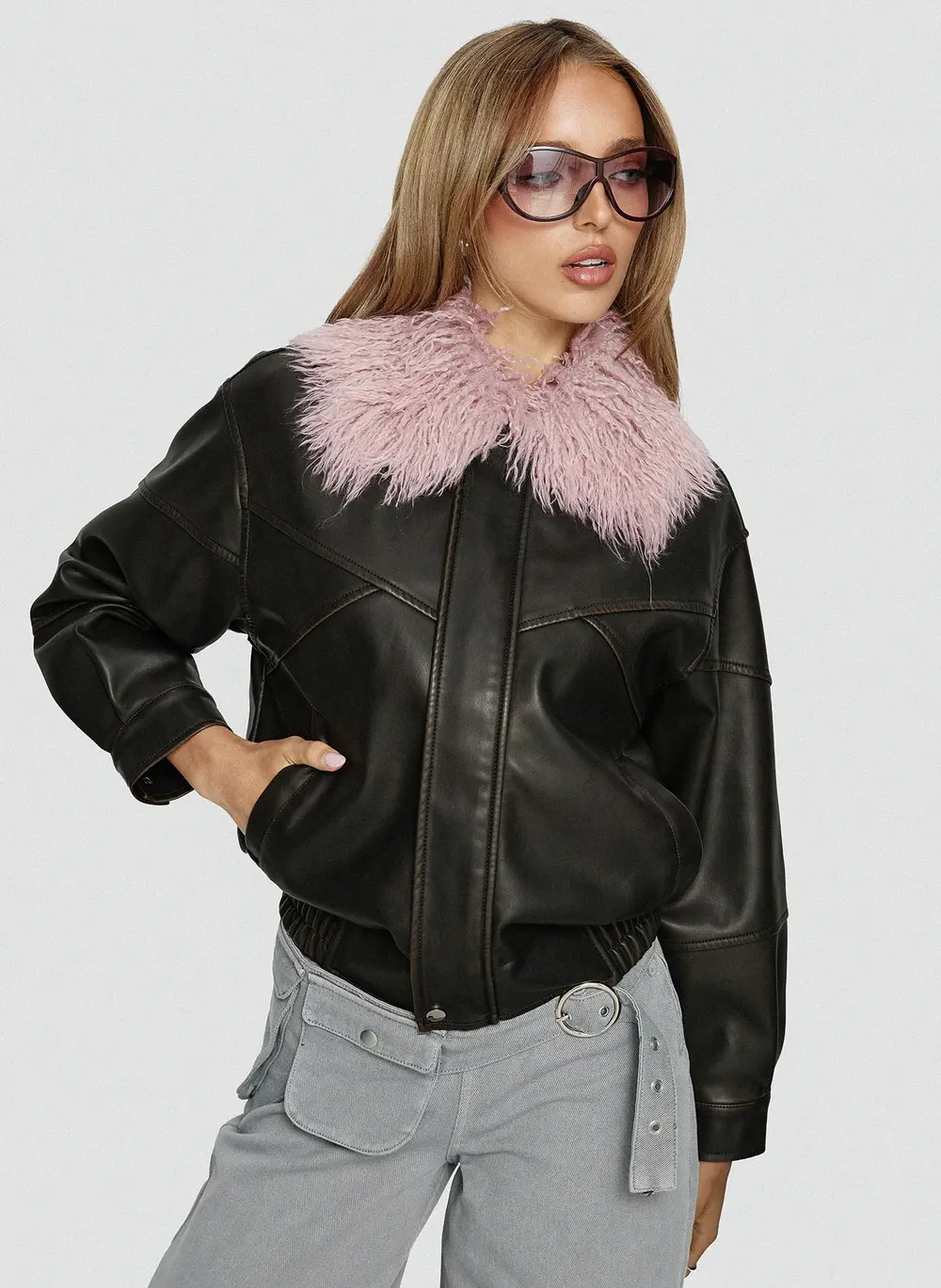 Brittanni Fluffy Collar Jacket Brown / Pink