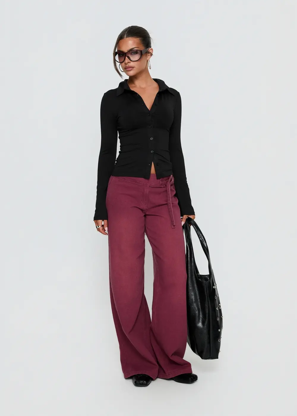 Boxie Mid Rise Wide Leg Jeans Washed Burgundy