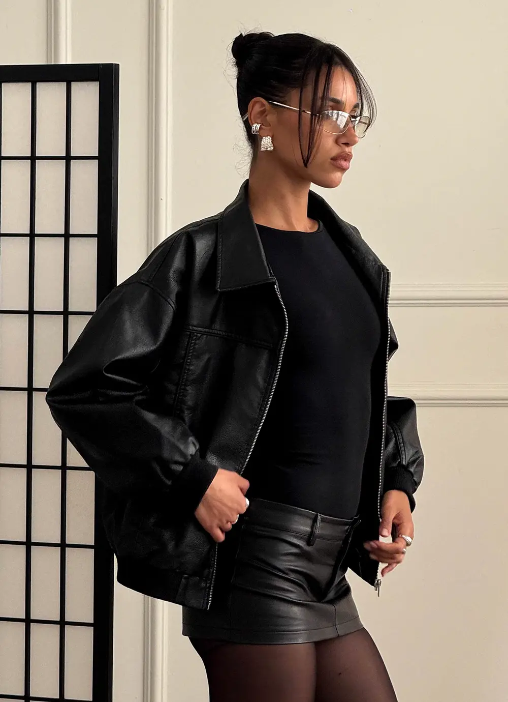 Goldsmith Faux Leather Bomber Jacket Black