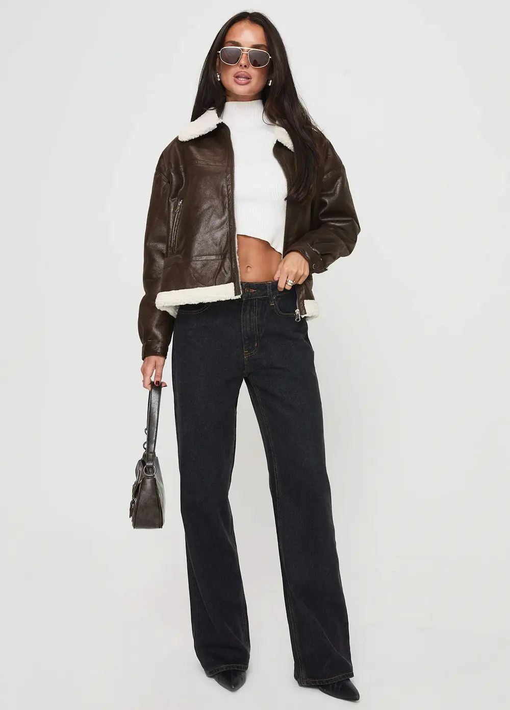 Solara Faux Leather Shearling Jacket Chocolate