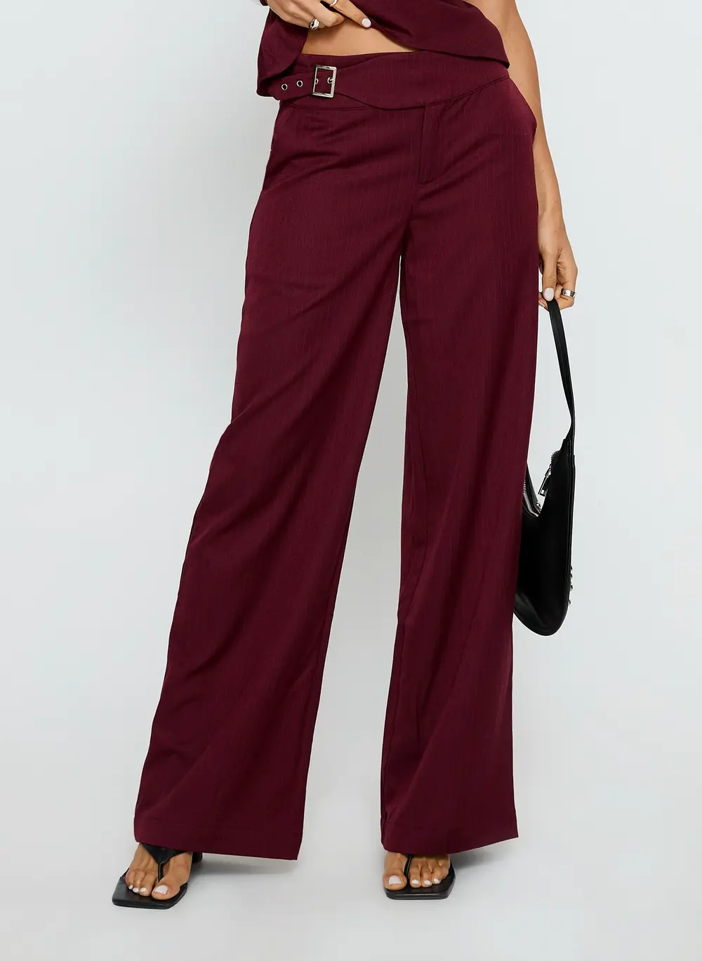 Jinny Relaxed Buckle Tailored Pants Berry Pinstripe