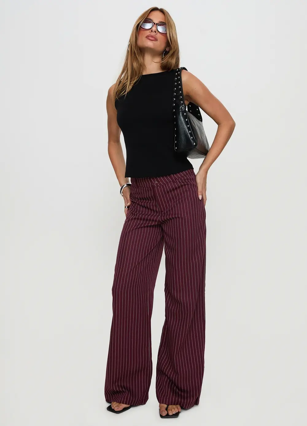 Lorenne Mid Rise Pant Burgundy Pinstripe