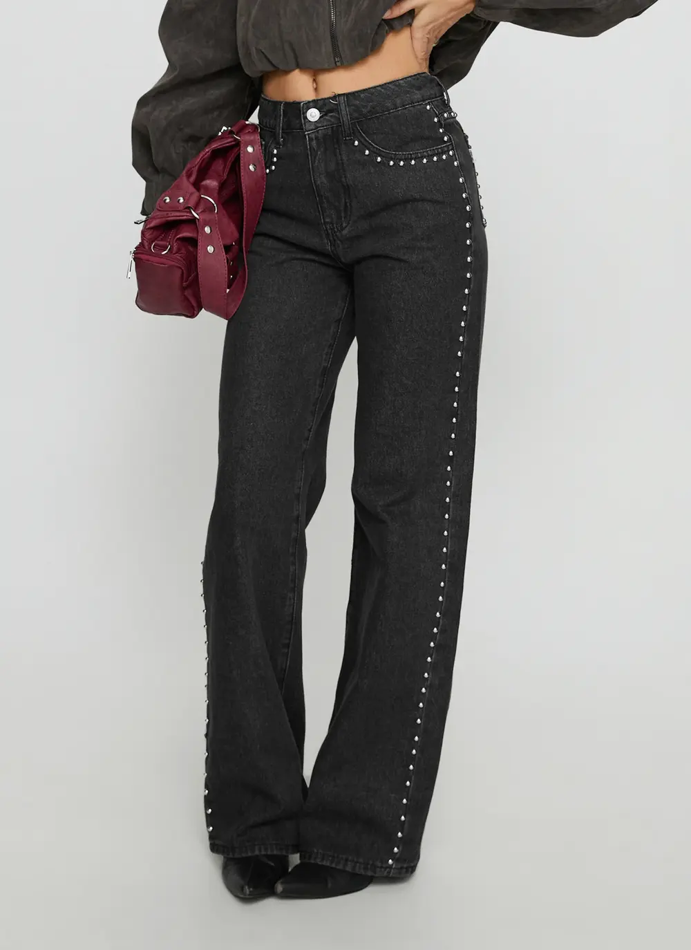 Saving Up Mid Rise Straight Leg Studded Jeans Jet Black