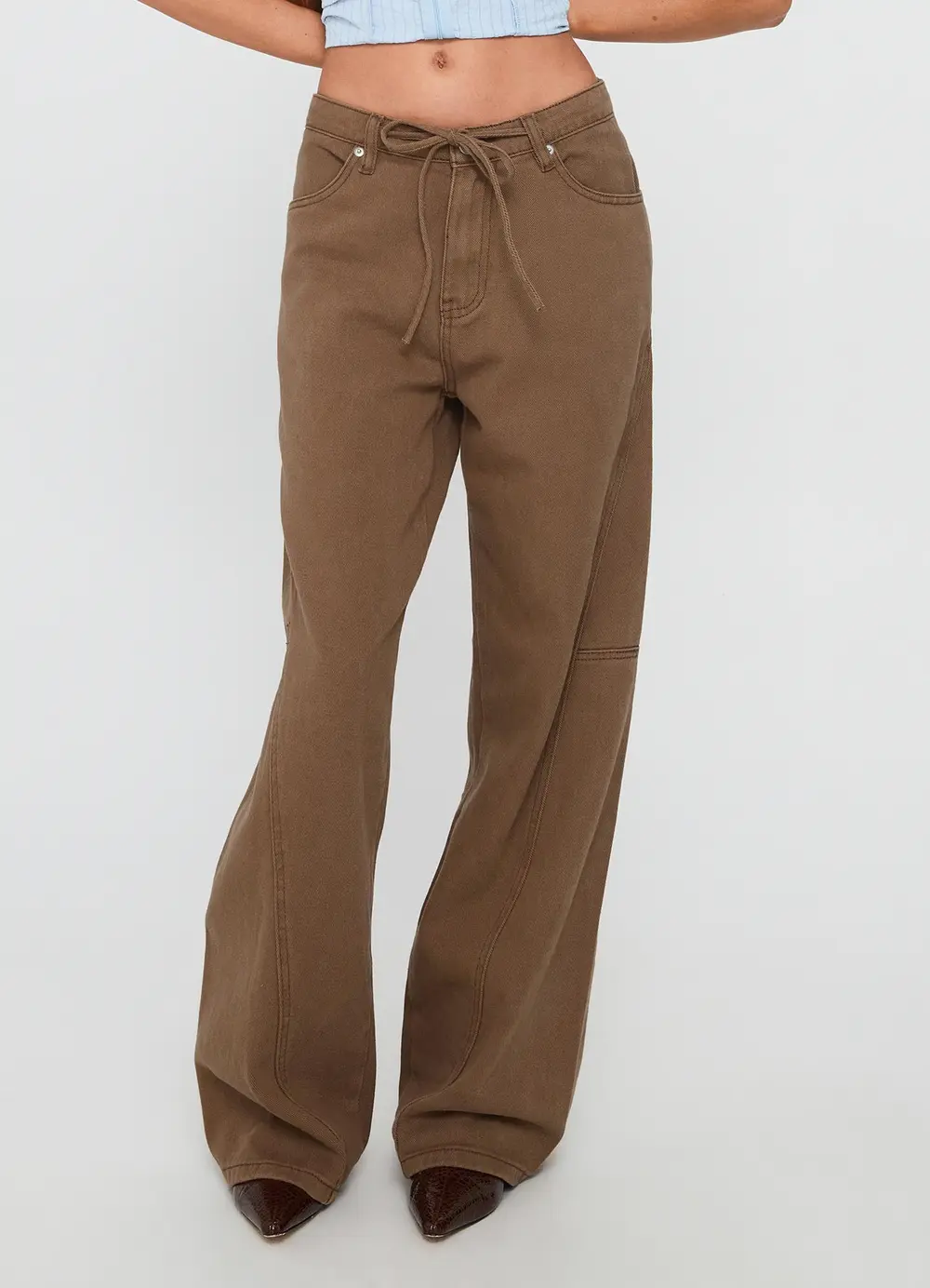 Bruiser Tie Waist Mid Rise Wide Leg Jeans Brown
