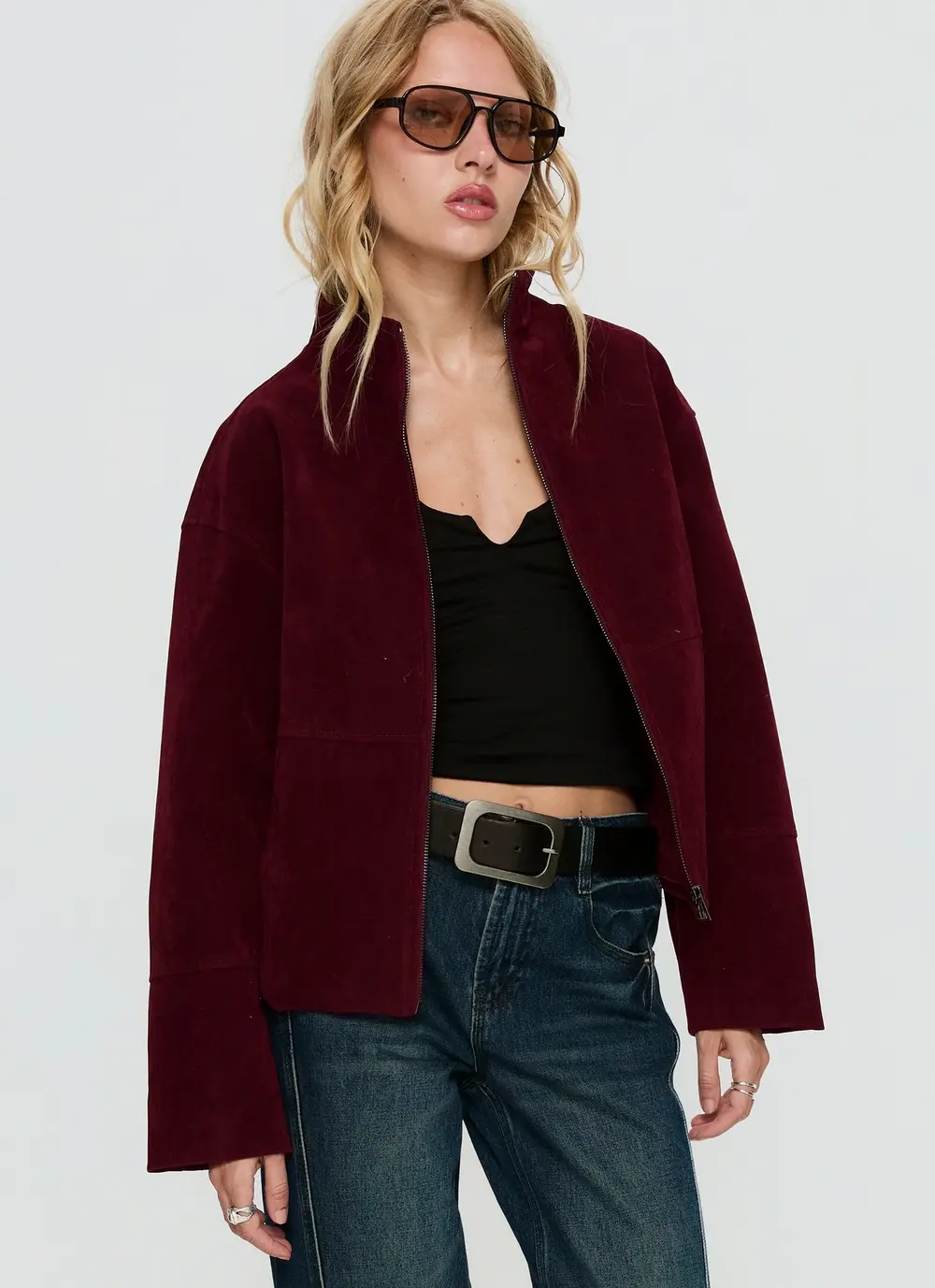 Jessalynn Faux Suede Zip Through Jacket Burgundy