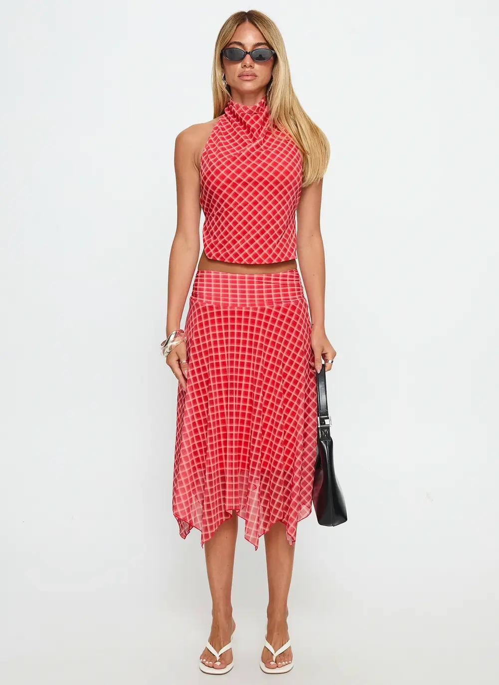 Scenic Route Asymmetrical Midi Skirt Red Check
