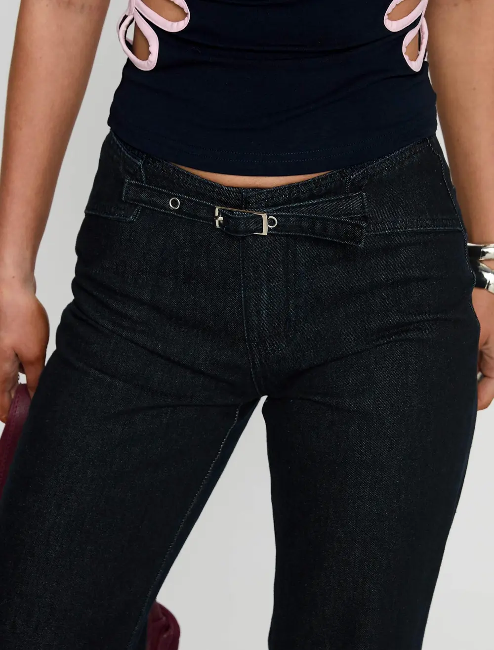 Slow Ride Mid Rise Bootleg Belted Jeans Dark Indigo Blue