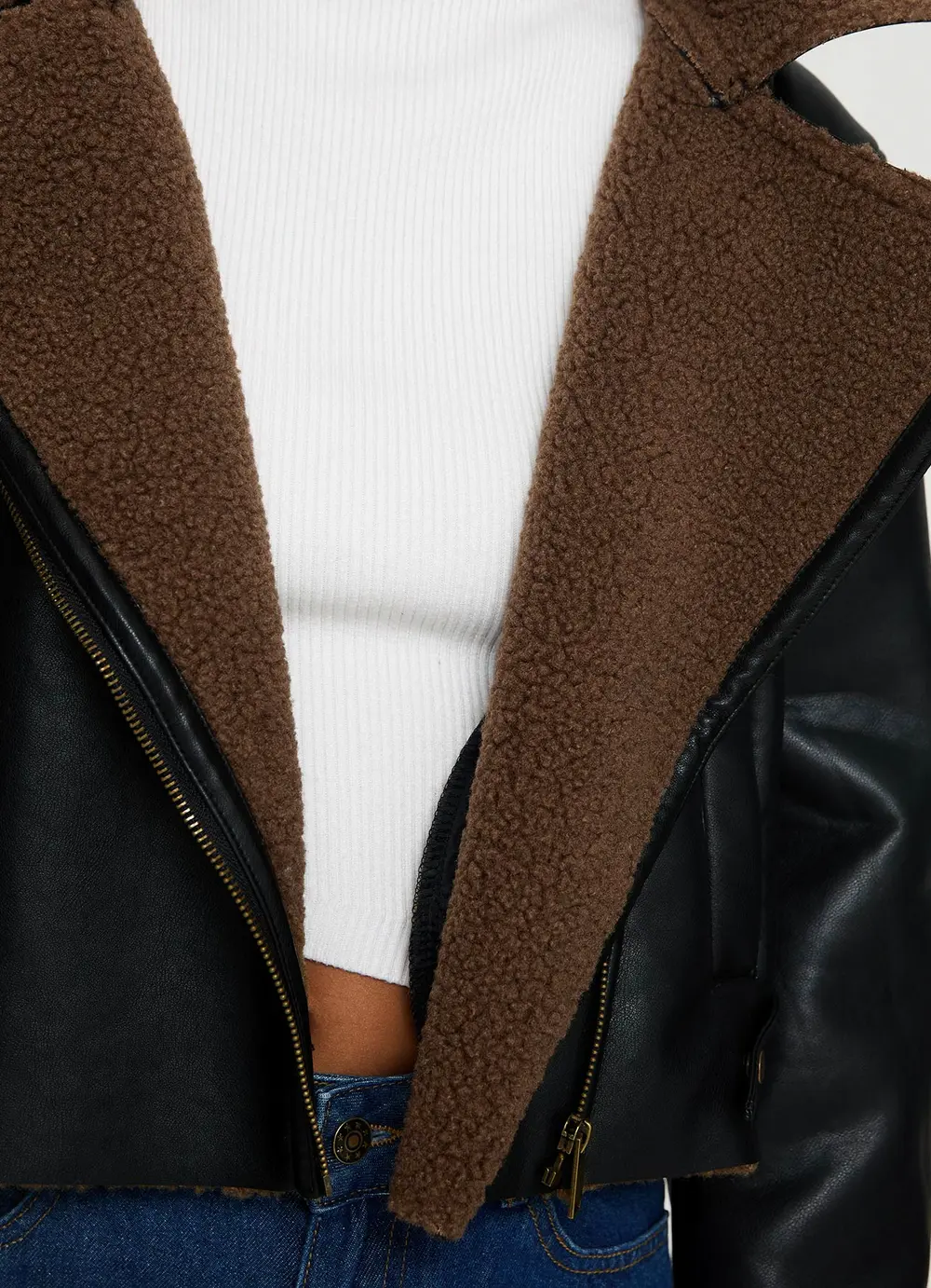 Shearling Trim Faux Leather Jacket Black