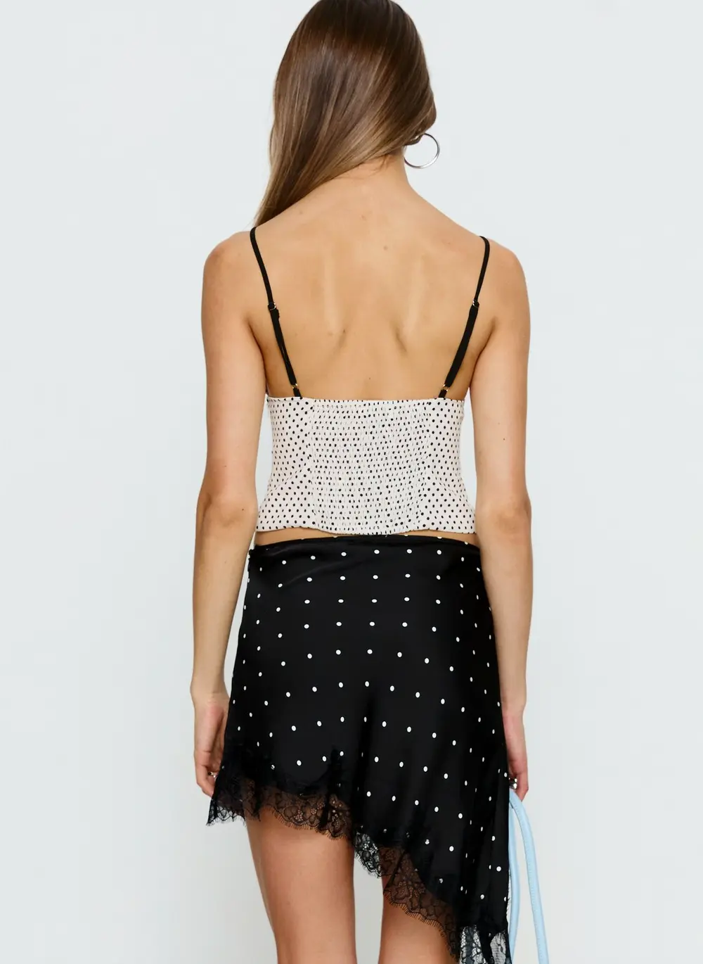 Idette Lace Asymmetrical Mini Skirt Black Polka Dot