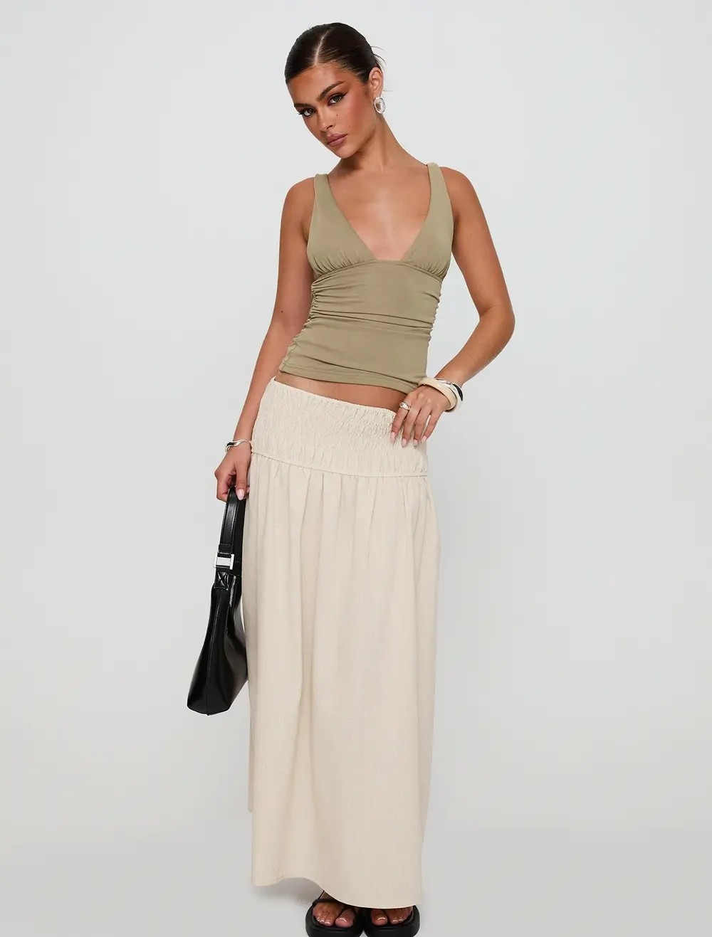 Small Towns Shirred Midi Skirt Beige